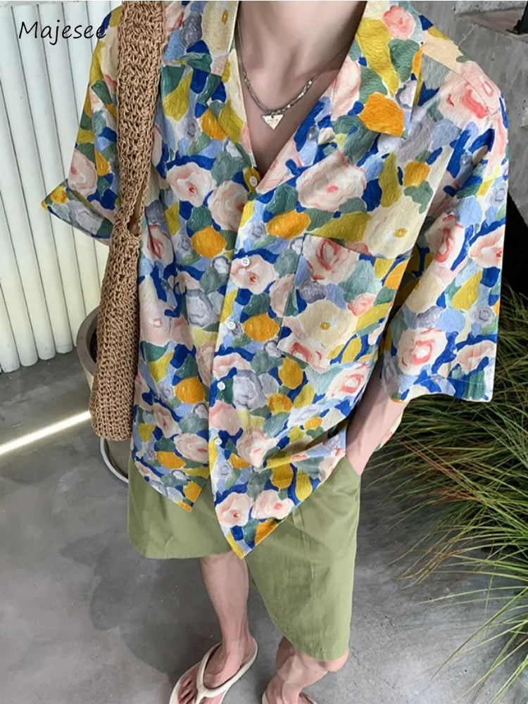 saferido Summer Shirts Men Painting Ins Chic Advanced Breathable Casual Short Sleeve High Street Korean Beach Style Loose Cozy Vocation