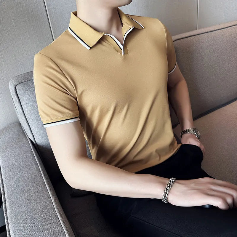 saferido Summer New Style Men's Casual Slim Fit Short Sleeve Solid Color POLO Shirt British Slim Lapel Color Blue T-shirt Polo S-4XL