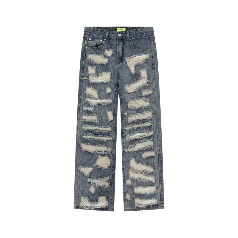 saferido American style high street washed personalized torn hole cut straight tube loose fitting jeans, versatile for men