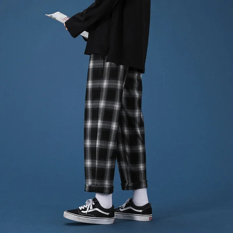 Plaid Design Vintage Pants Men Plus Size 3XL Loose Teens Couples Chic Harajuku Japanese Style All-match Straight Trousers Simple
