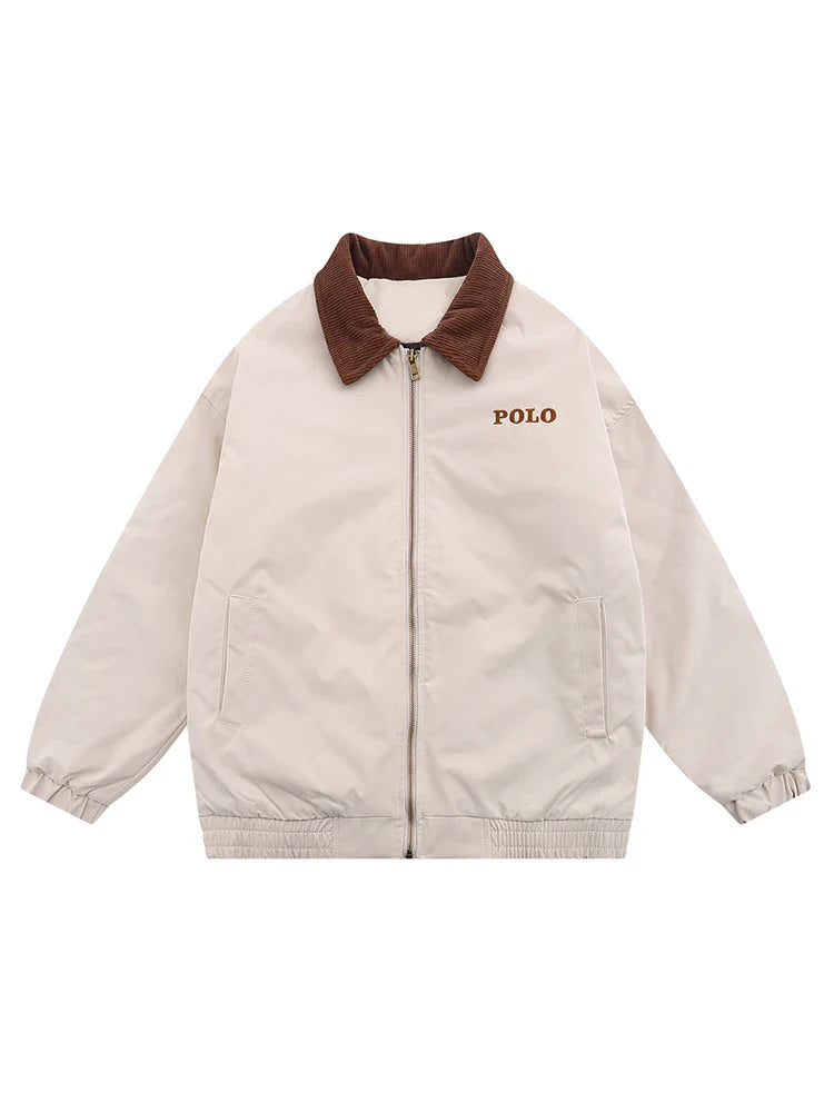 Fashion Vintage Zipper Jacket Coat Men Harajuku Vintage Embroidered Polo Jacket Casual Baseball Outwear Tops Thick