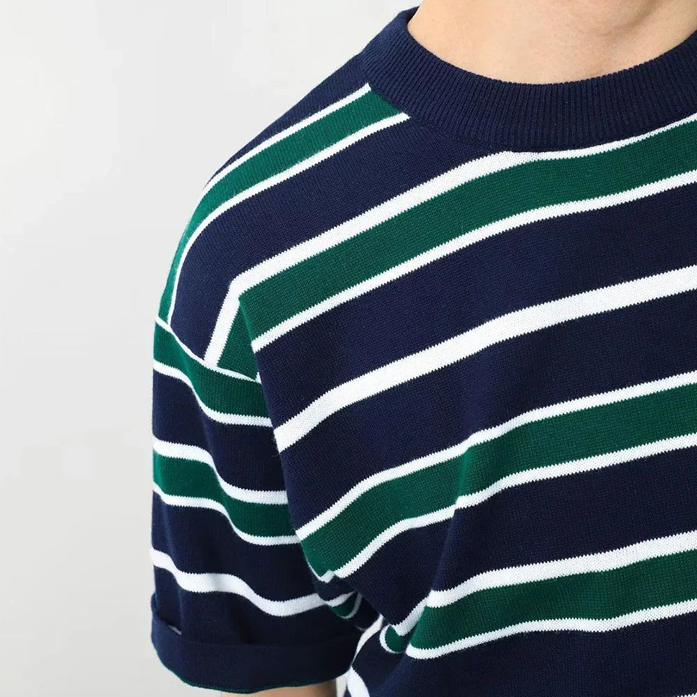 saferido Mens Japanese Striped Casual Knitted Short-Sleeved T-Shirt Genderless Fashion Personalized Versatile Retro Loose T-Shirt Unisex