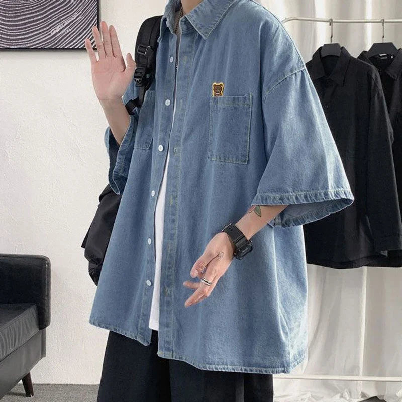 saferido Turn-down Collar Loose Man Shirts Handsome Short Sleeve Button Pockets Solid Korean Fashion Casual Spring Summer Men's Clothing
