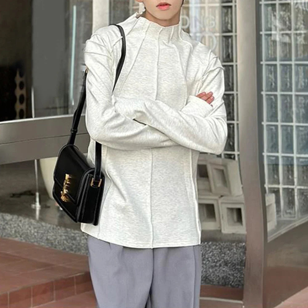saferido Mens Autumn 100% Cotton Slim Fit Half Turtle Collar Long Sleeve T-Shirt Genderless Korean Style Contour Line Sweatshirt Unisex