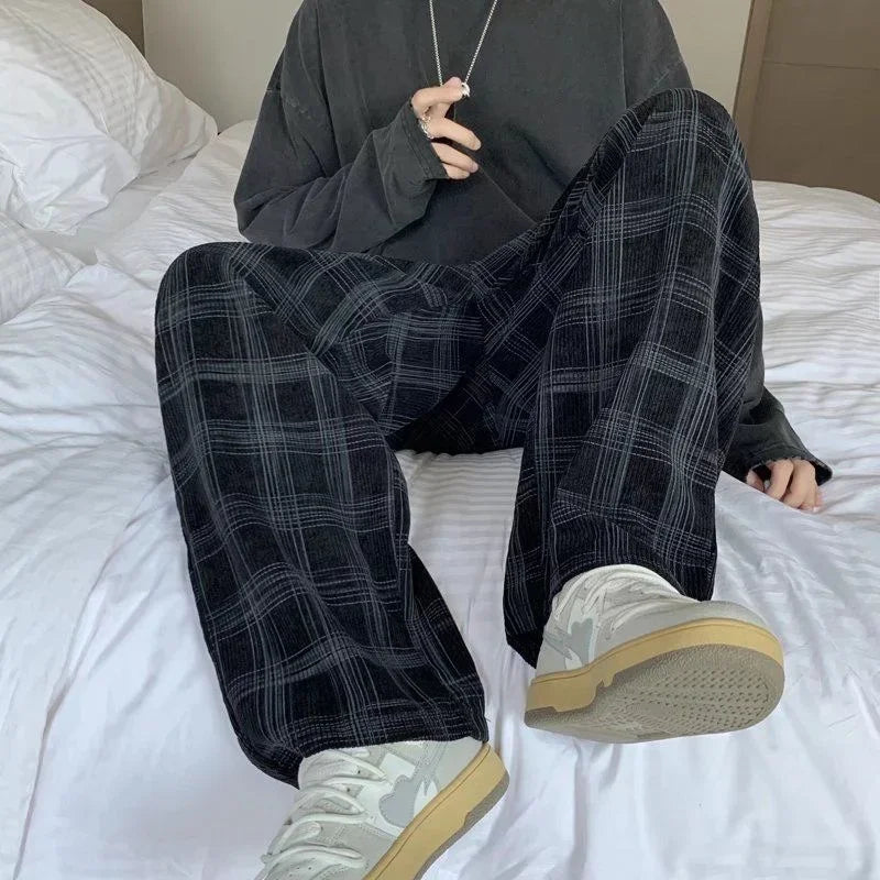 saferido Men Checkered Casual Pants Loose Straight Corduroy Pants Sweatpants Man Fashion Streetwear Spring New Hip Hop Trousers