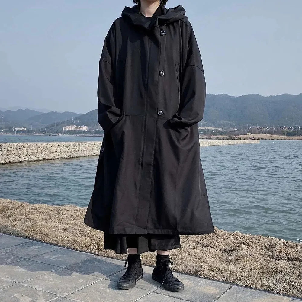 saferido Dark British Style Long Hooded Zipper Windbreaker Streetwear Personality Temperament Versatile Oversized Coat 2024 Autumn Unisex