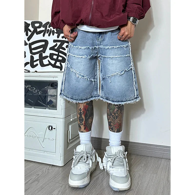 American High Street Men's Wide Leg Denim Shorts Summer New Fashion Casual Baggy Short Jeans Male Chic Burrs Clothes