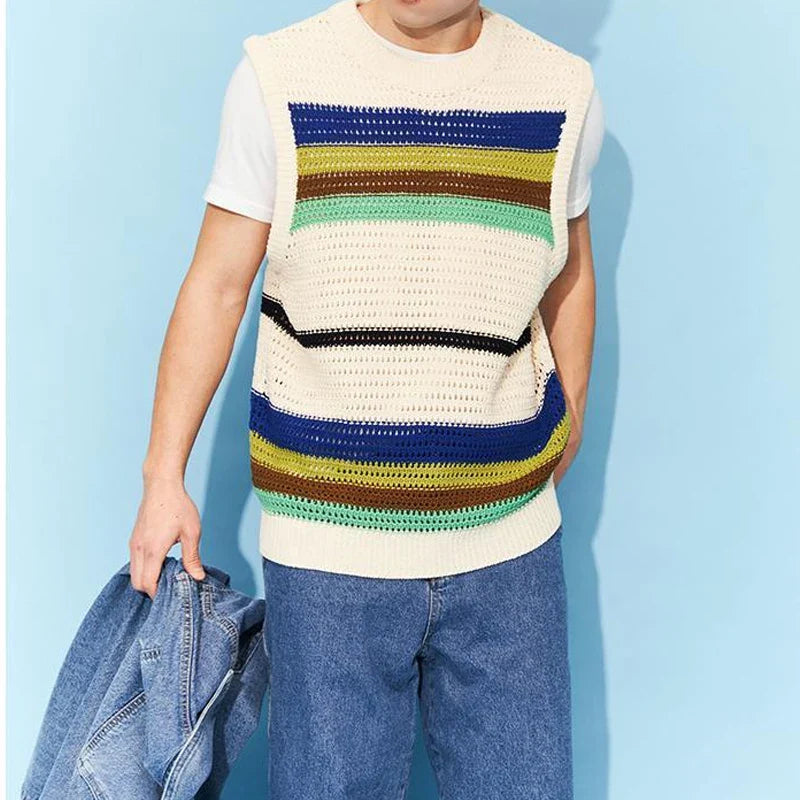Men's Clothing Loose Pullovers Round Neck Simplicity Handsome Hollow Out Solid Color Patchwork Fashionable Casual Sweater