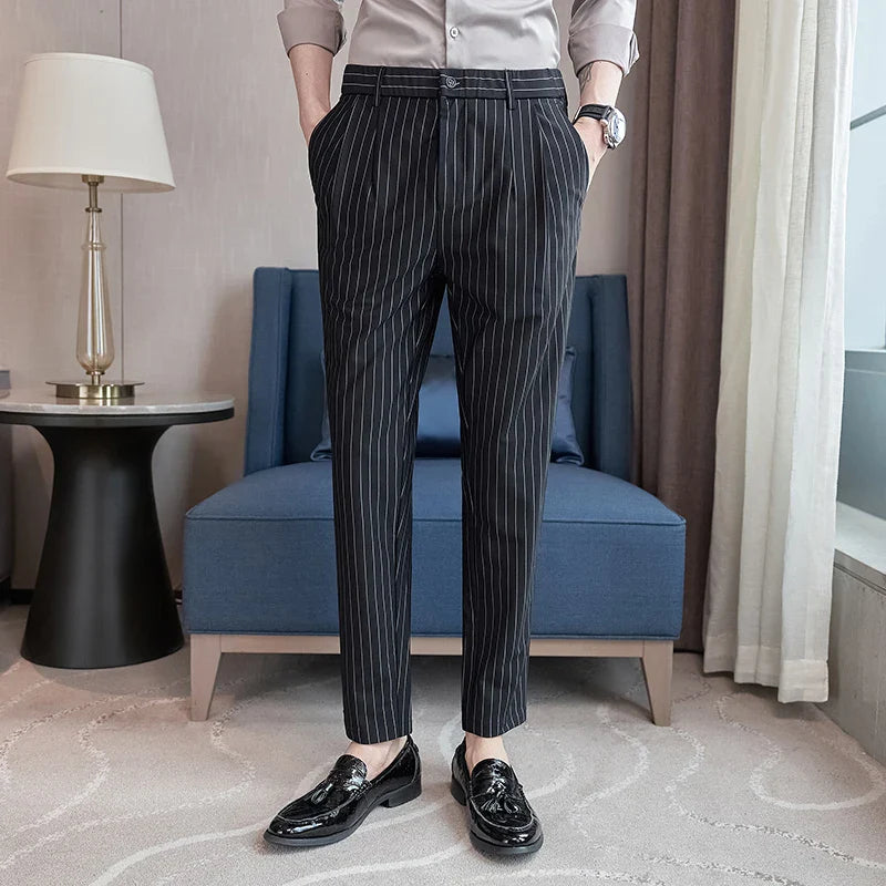 saferido British Style Men Business Stripe Dress Pants Men Belt Design Slim Trousers Formal Office Social Wedding Party Dress Suit Pant