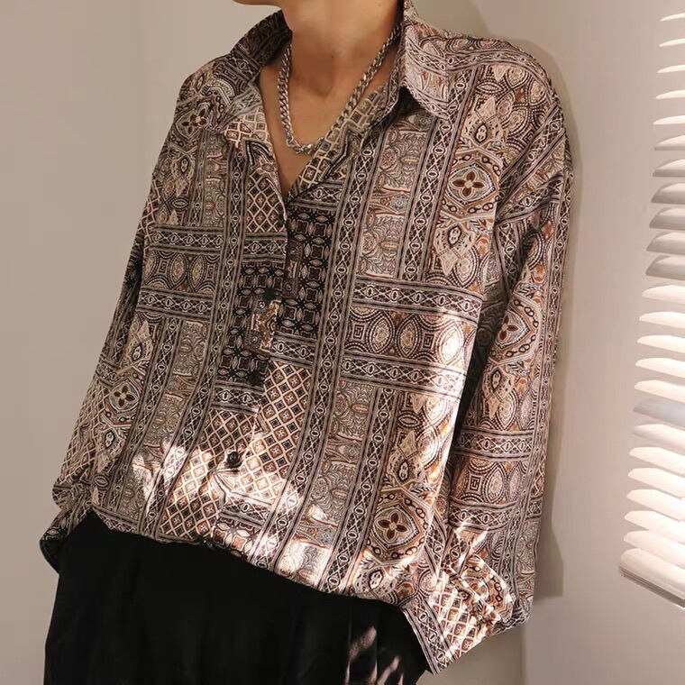 Men's Korean Vintage Floral Print Shirt Long Sleeve Button Loose Casual Hawaii Flower Shirt Snake Print Fashion Shirt for Men
