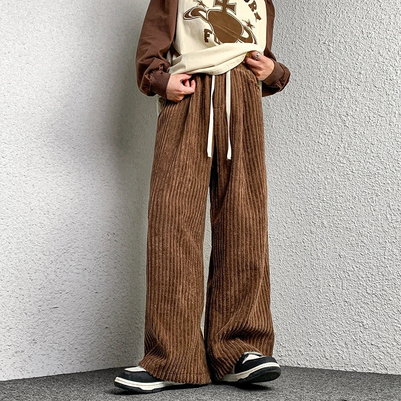 saferido Corduroy Pants Men's Straight Pants Solid Color Drawstring Unisex Wide Leg Oversized Trousers Casual Japanese Style Male Pants