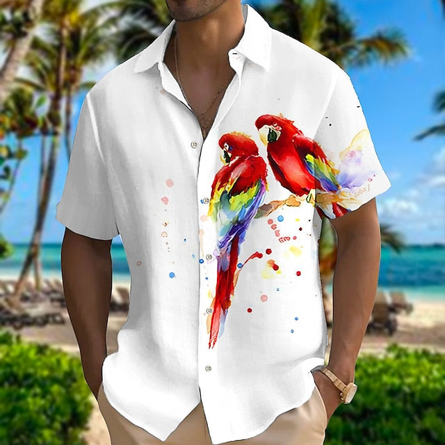 Men's Shirt Linen Shirt Floral Bird Graphic Prints Turndown Pink Red Gray Outdoor Street Short Sleeves Print Clothing Apparel Linen Fashion Designer Casual Soft