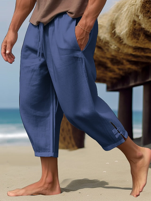 Men's Linen Pants Summer Pants Beach Pants Capri Pants Drawstring Elastic Waist Plain Comfort Breathable Calf-Length Casual Daily Holiday Linen / Cotton Blend Fashion Classic Style Black White