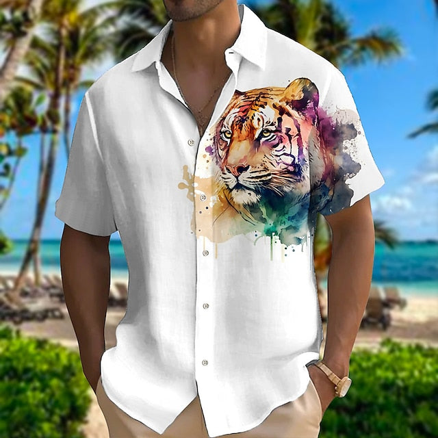 Men's Shirt Linen Shirt Animal Tiger Graphic Prints Turndown Light Yellow Black White Yellow Red Outdoor Street Short Sleeves Print Clothing Apparel Linen Fashion Designer Casual Soft