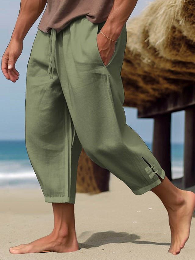 Men's Linen Pants Summer Pants Beach Pants Capri Pants Drawstring Elastic Waist Plain Comfort Breathable Calf-Length Casual Daily Holiday Linen / Cotton Blend Fashion Classic Style Black White