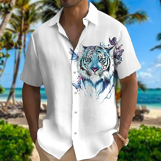 Men's Shirt Linen Shirt Animal Tiger Graphic Prints Turndown Light Yellow Black White Yellow Red Outdoor Street Short Sleeves Print Clothing Apparel Linen Fashion Designer Casual Soft