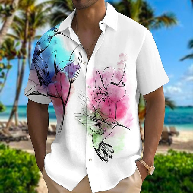 Men's Shirt Linen Shirt Floral Bird Graphic Prints Turndown Pink Red Gray Outdoor Street Short Sleeves Print Clothing Apparel Linen Fashion Designer Casual Soft