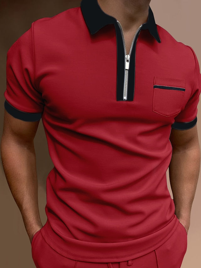 Men's Polo Shirt Golf Shirt Casual Holiday Lapel Quarter Zip Short Sleeve Fashion Basic Plain Quarter Zip Summer Regular Fit Black White Red Dark Navy Green Dark Gray Polo Shirt