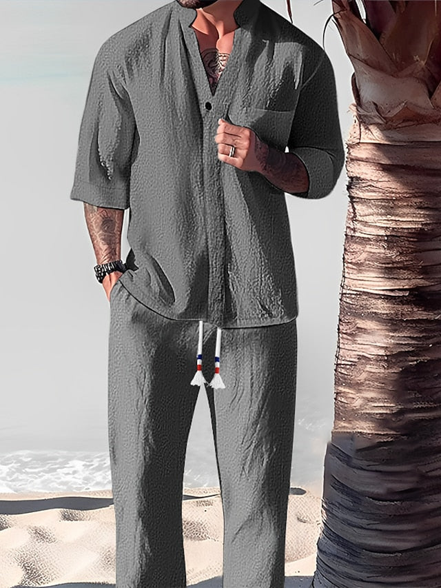 Men's 2 Piece Shirt Set Summer Set Casual Shirt Black White Gray Long Sleeve Plain Standing Collar Daily Vacation Front Pocket Clothing Apparel Fashion Casual Comfortable