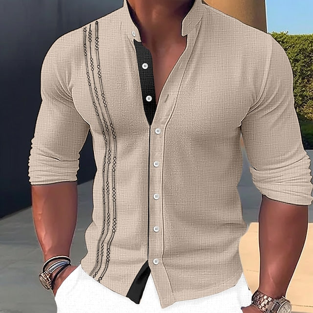 Men's Shirt Linen Shirt Embroidered Button Up Shirt Casual Shirt Summer Shirt Beach Shirt Black White Pink Long Sleeve Standing Collar Spring & Summer Casual Daily Clothing Apparel Embroidered