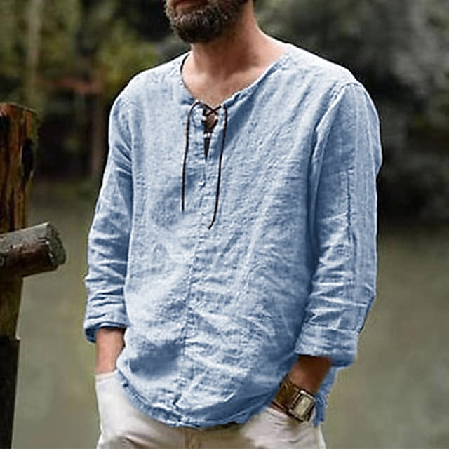 Men's Linen Shirt Summer Shirt Beach Shirt Maroon Black White Long Sleeve Solid Color Collarless Outdoor Street Clothing Apparel