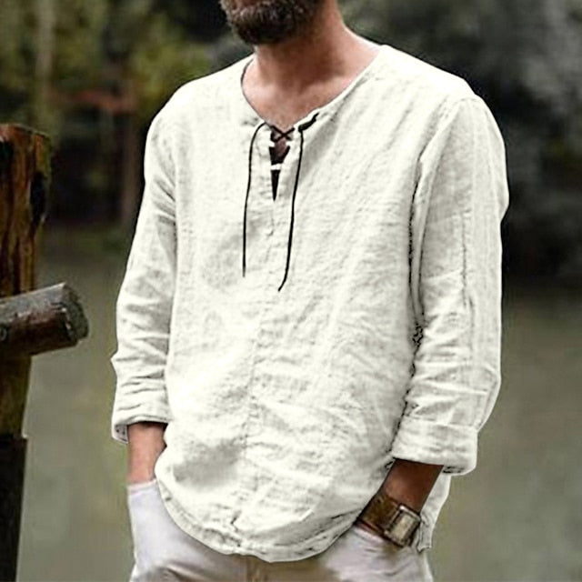 Men's Linen Shirt Summer Shirt Beach Shirt Maroon Black White Long Sleeve Solid Color Collarless Outdoor Street Clothing Apparel