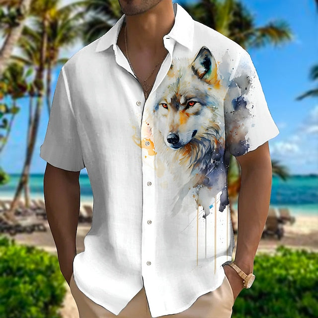 Men's Shirt Linen Shirt Animal Tiger Graphic Prints Turndown Light Yellow Black White Yellow Red Outdoor Street Short Sleeves Print Clothing Apparel Linen Fashion Designer Casual Soft
