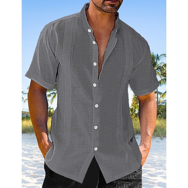 Men's Guayabera Shirt Linen Shirt Button Up Shirt Casual Shirt Summer Shirt Beach Shirt Black White Blue Short Sleeve Plain Stand Collar Summer Casual Daily Clothing Apparel