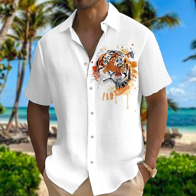 Men's Shirt Linen Shirt Animal Tiger Graphic Prints Turndown Light Yellow Black White Yellow Red Outdoor Street Short Sleeves Print Clothing Apparel Linen Fashion Designer Casual Soft