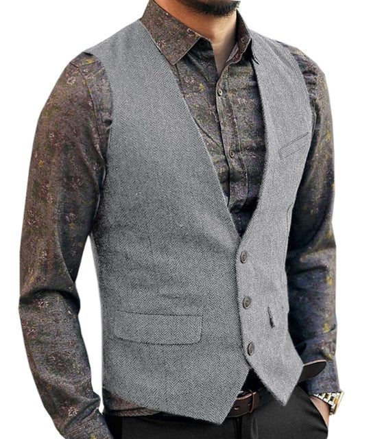 saferido Grey Men's Vest Suit Boutique Wool Tweed Slim Fit Leisure Cotton Male Gentleman Beckham Business Waistcoat For Wedding Groomsmen