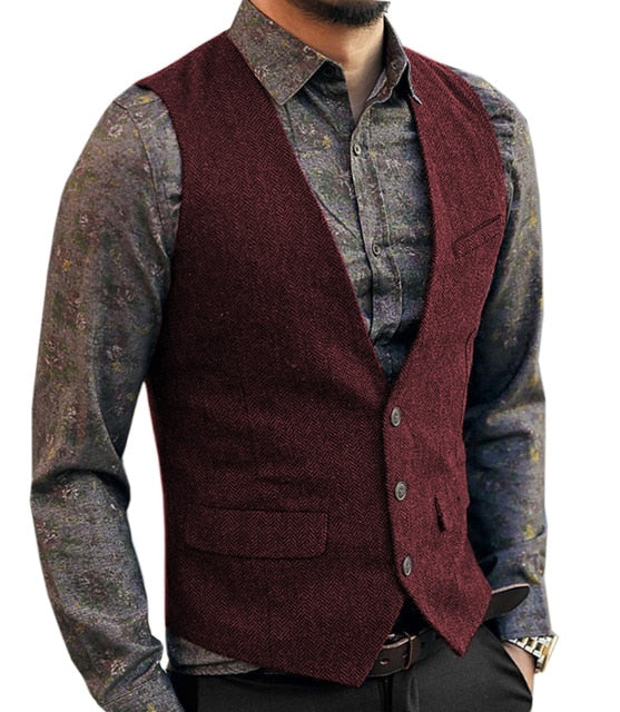 saferido Grey Men's Vest Suit Boutique Wool Tweed Slim Fit Leisure Cotton Male Gentleman Beckham Business Waistcoat For Wedding Groomsmen