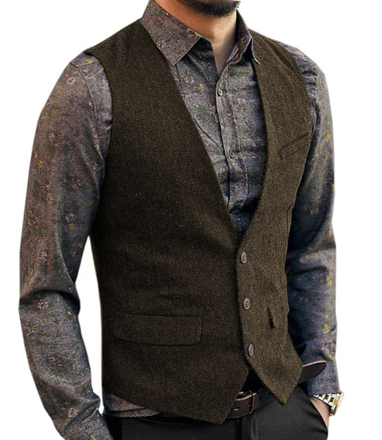 saferido Grey Men's Vest Suit Boutique Wool Tweed Slim Fit Leisure Cotton Male Gentleman Beckham Business Waistcoat For Wedding Groomsmen