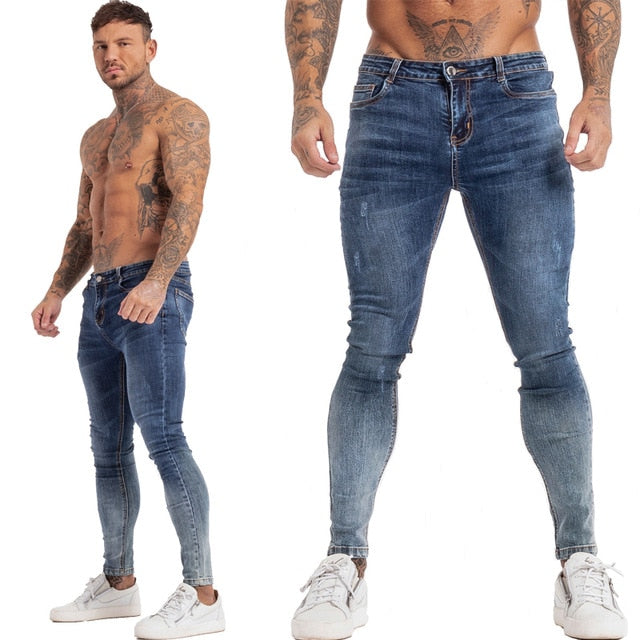 Jeans Men Elastic Waist Skinny Jeans Men Stretch Ripped Pants Streetwear Mens Denim Jeans Blue