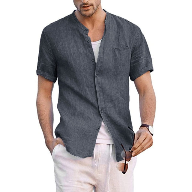 Men Shirts Cotton Linen Button Down Stand-Up Collar Summer Short Sleeve Loose Blouse Plain Over sized Shirt with Pocket 5XL