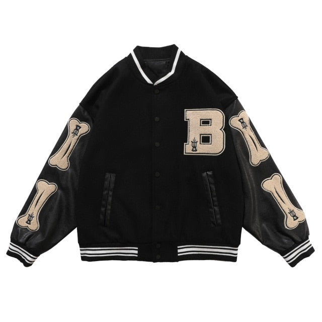saferido Men Baseball Jacket Hip Hop Harajuku Embroidery Bone Letter Patchwork Bomber Coat Fashion High Street Casual Loose Jacket Unisex