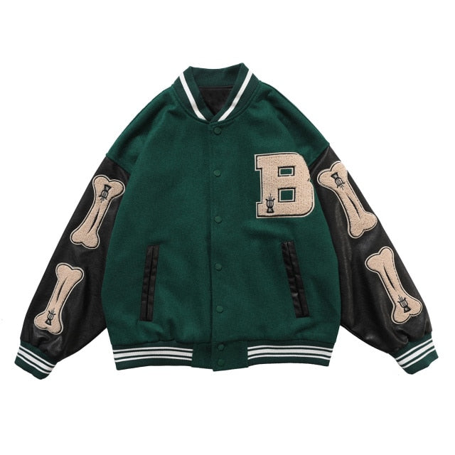 saferido Men Baseball Jacket Hip Hop Harajuku Embroidery Bone Letter Patchwork Bomber Coat Fashion High Street Casual Loose Jacket Unisex