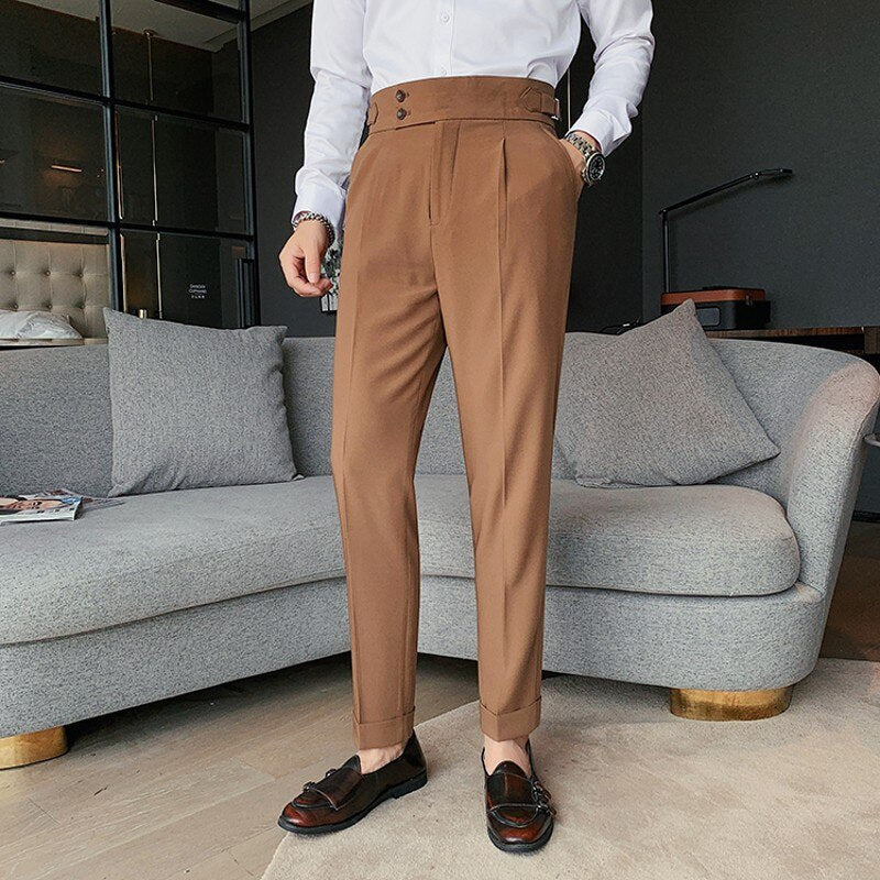 saferido        New Design Men High Waist Trousers Solid England Business Casual Suit Pants Belt Straight Slim Fit Bottoms White Clothing