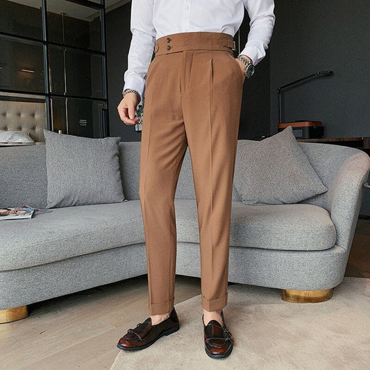 saferido        New Design Men High Waist Trousers Solid England Business Casual Suit Pants Belt Straight Slim Fit Bottoms White Clothing