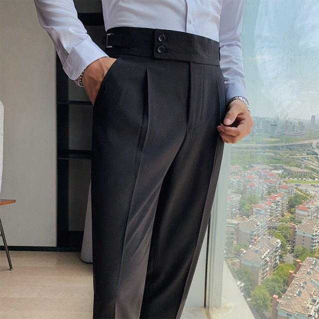 saferido        New Design Men High Waist Trousers Solid England Business Casual Suit Pants Belt Straight Slim Fit Bottoms White Clothing
