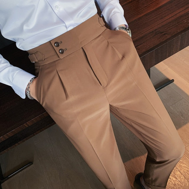 saferido        New Design Men High Waist Trousers Solid England Business Casual Suit Pants Belt Straight Slim Fit Bottoms White Clothing