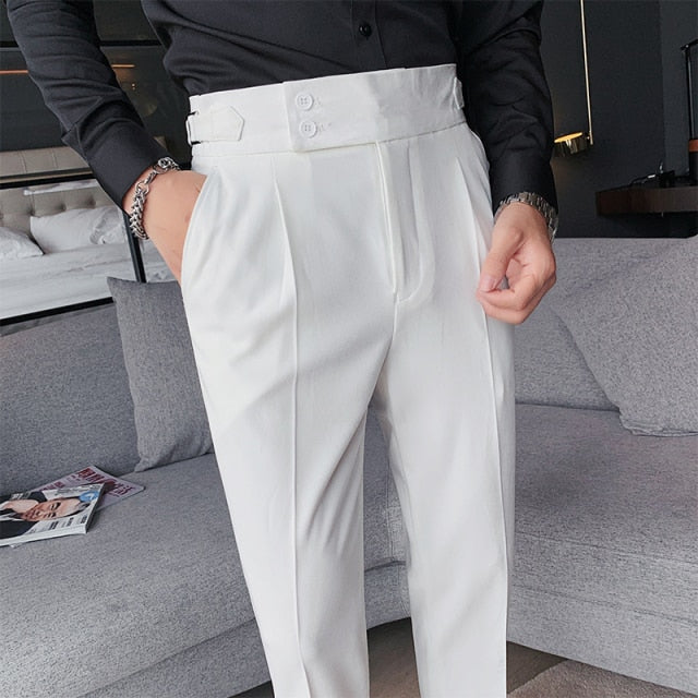 saferido        New Design Men High Waist Trousers Solid England Business Casual Suit Pants Belt Straight Slim Fit Bottoms White Clothing