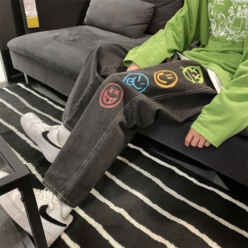Black Jeans for Men Colorful Smiley Print Straight Leg Denim Pants Teen Hip Hop Clothes Male Baggy Trousers Oversized Streetwear