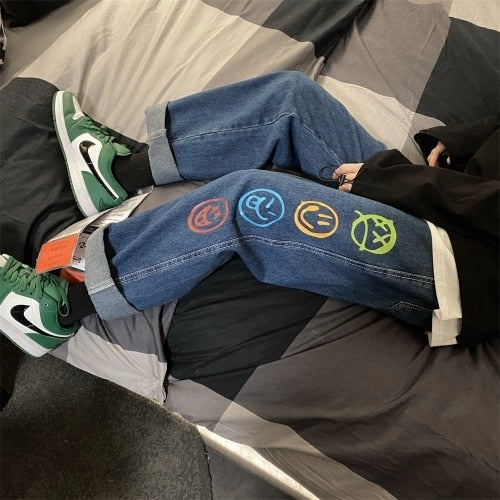 Black Jeans for Men Colorful Smiley Print Straight Leg Denim Pants Teen Hip Hop Clothes Male Baggy Trousers Oversized Streetwear