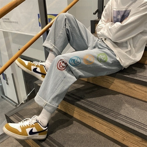 Black Jeans for Men Colorful Smiley Print Straight Leg Denim Pants Teen Hip Hop Clothes Male Baggy Trousers Oversized Streetwear