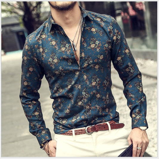 Autumn Men's Long Sleeve Shirt Lapel Print Shirts for Men Classic Vintage Shirt Casual Streetwear Tops Slim Fit Handsome Blouse