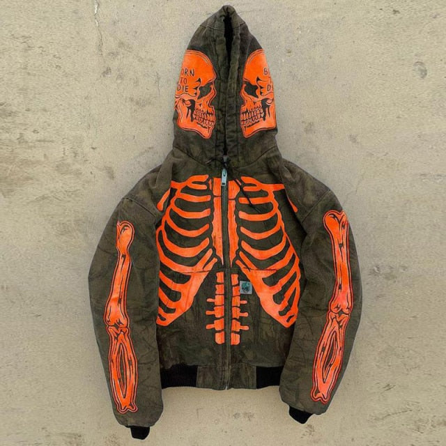 saferido New Fashion Skull Printing Hoodies Men Autumn Winter Long Sleeve Cardigan Zip-up Hooded Sweatshirt Casual Mens Streetwear