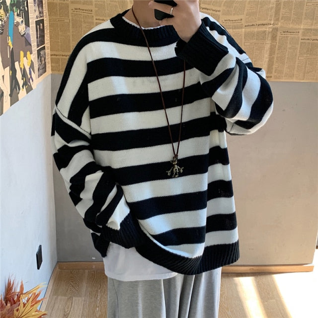saferido       Men's Autumn Round Neck Sweater Korean Loose Casual Oversize Knit Pullover Youth Trend Fashion Striped Sweater Men