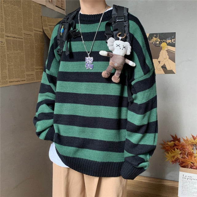 saferido       Men's Autumn Round Neck Sweater Korean Loose Casual Oversize Knit Pullover Youth Trend Fashion Striped Sweater Men