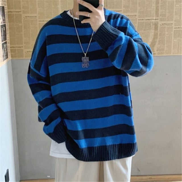 saferido       Men's Autumn Round Neck Sweater Korean Loose Casual Oversize Knit Pullover Youth Trend Fashion Striped Sweater Men