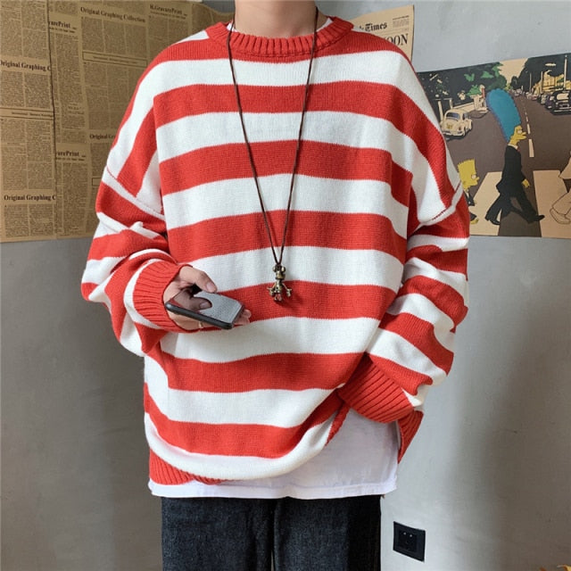 saferido       Men's Autumn Round Neck Sweater Korean Loose Casual Oversize Knit Pullover Youth Trend Fashion Striped Sweater Men